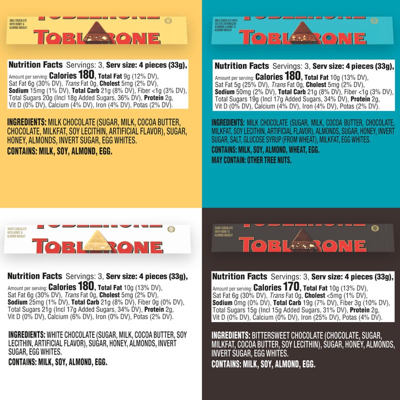 TOBLERONE Assorted Chocolate Bars Variety Pack (Milk, Dark, White, & Salted Caramelized Almonds), Bulk Chocolate, 12 - 3.52 oz Bars - Image 5